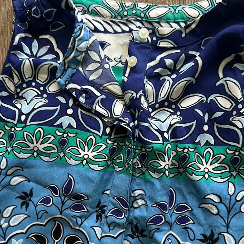 LOFT Sleeveless Tiered‎ Dress Green Blue Floral Small Button Front Summer
